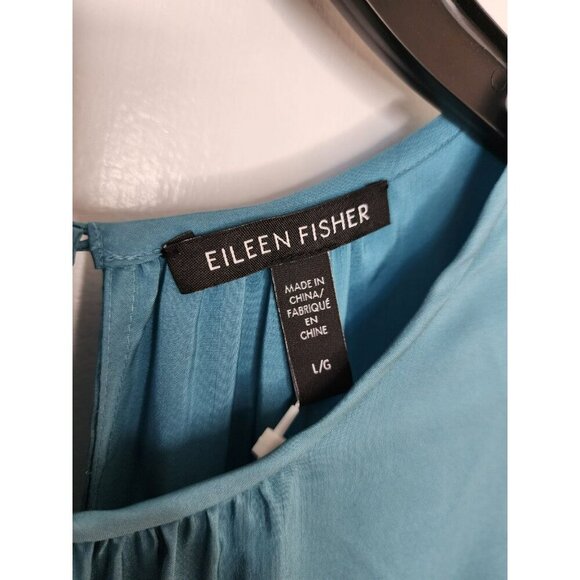 EILEEN FISHER ROUND NECK TIERED DRESS 100% SILK SATIN RIVER BLUE NWT Size Large - Picture 3 of 6